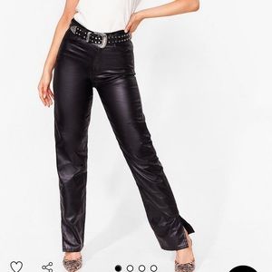 Faux leather slit straight leg pant